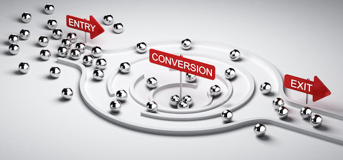 3D illustration of a conversion funnel with entry and exit