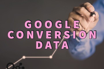 Google conversion data written in pink over man drawing a line of increasing sales