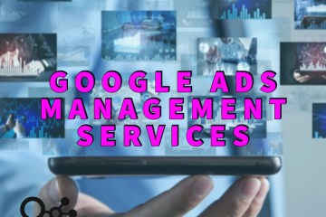 Google Ads management services written in pink over man holding phone with holograms above